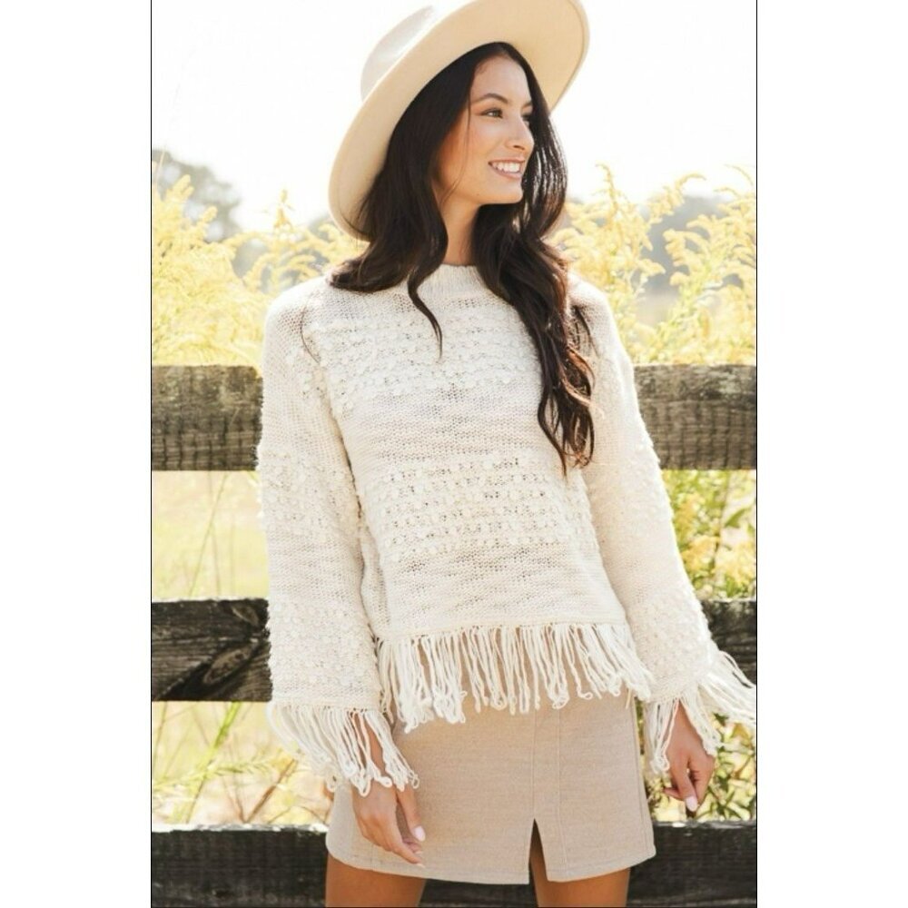 Ellison Sweater Cream Fringe Trim Women’s Large L/S‎ Boutique Boho Knit NWT